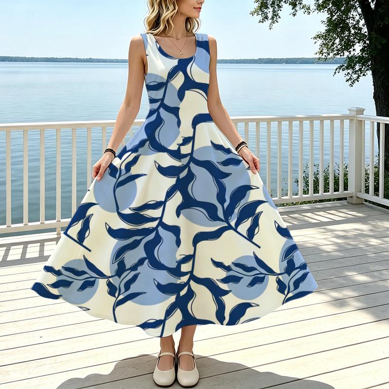 Sleeveless Maxi Dress,Blue & White Leaf Print,Lightweight,Elegant Ideal for Daily Wear,Commute,Casual Vacation & Travel Photos