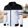 Men Autumn Coat Colors Matching Color Block Long Sleeves Elastic Cuff Anti-pilling Stand Collar Zipper Cardigan Striped Fall Jacket for Home