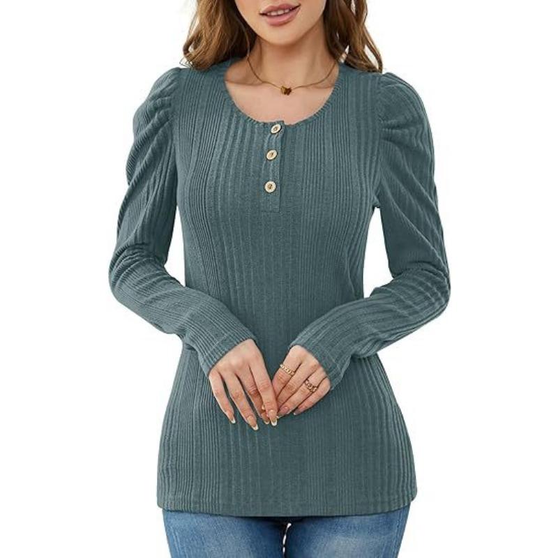 YYFS Women's Fashion Casual Spring Fall Solid Color Print Long Sleeve U-Neck Blouses & Shirts