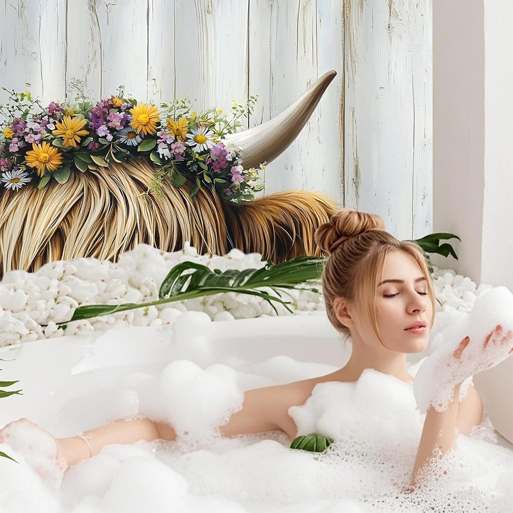 Highland Cow Rustic Flowers Shower Curtain,Bathroom Shower Curtains Bathtub Home Decor Waterproof Fabric Machine Washable with 1