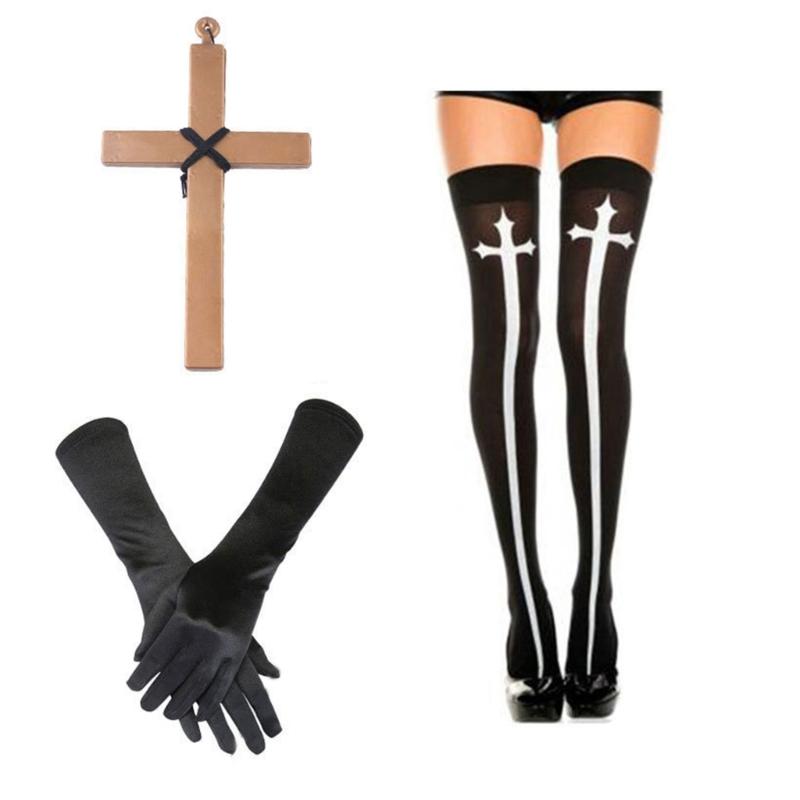 Nonnenkostüm mit Kreuzanhänger-Halskette Nonnenhut Halloween Cosplay Partykostüm