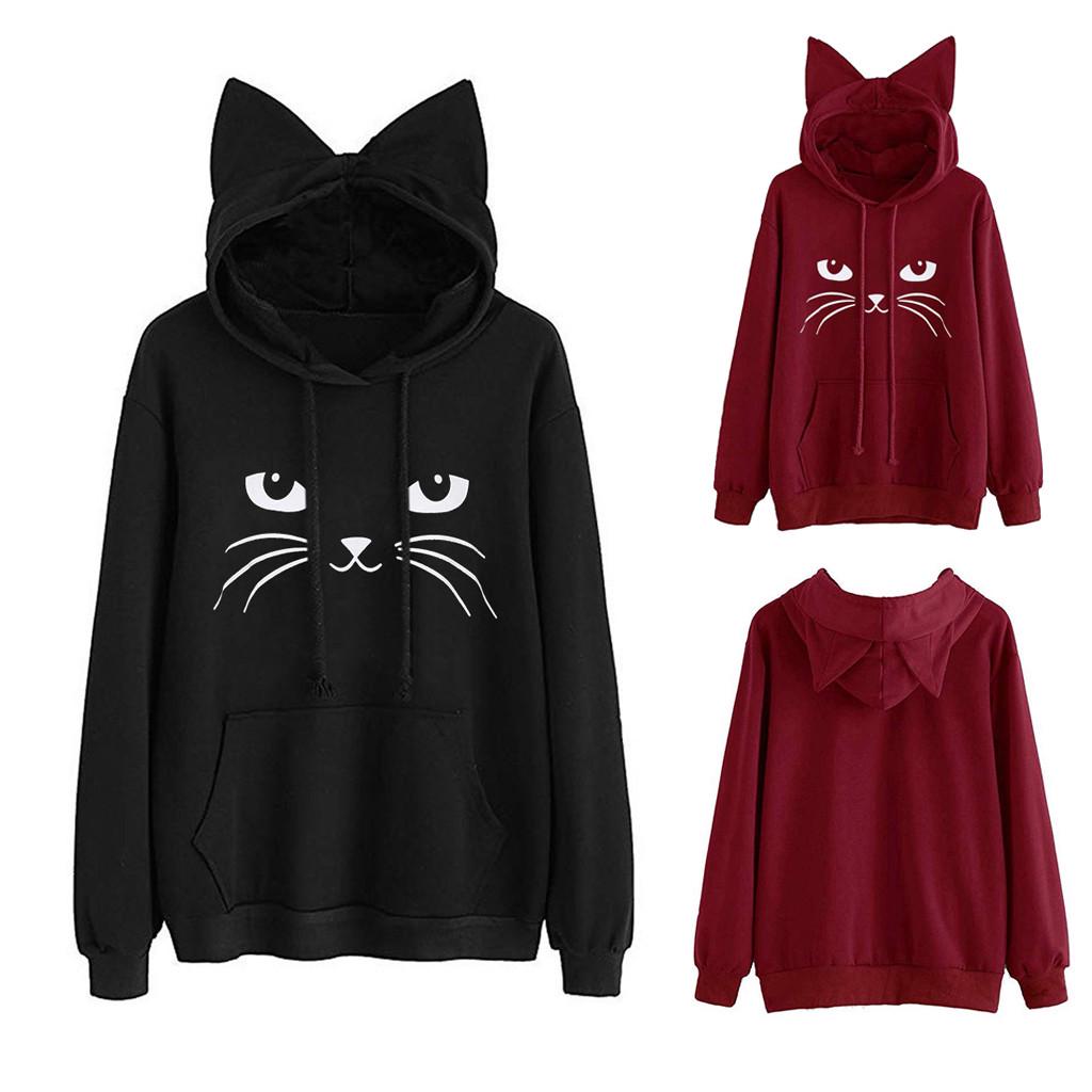 

Женская однотонная толстовка с капюшоном с кошачьими ушками и длинными рукавами, пуловер с капюшоном, блузка