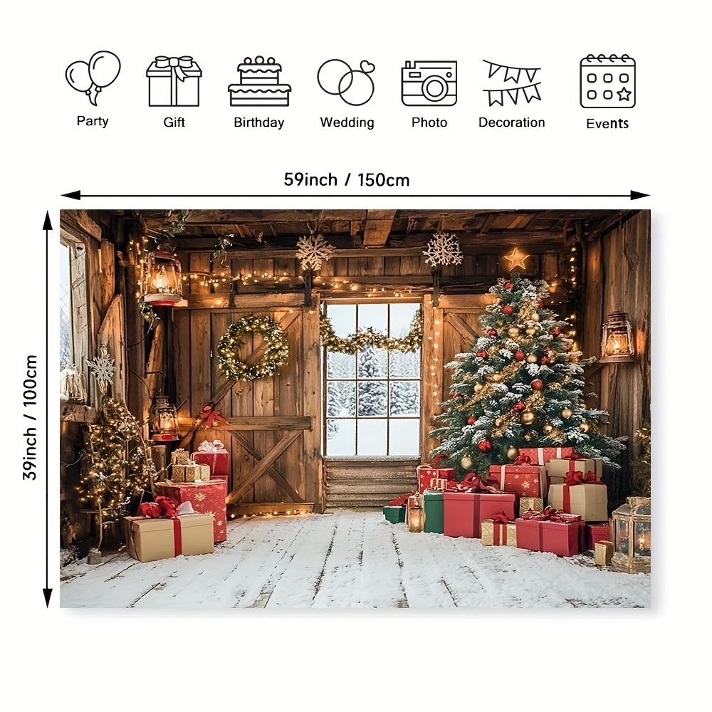 A festive fabric featuring a Christmas tree and a country barn adds a festive touch to any space 100x150cm