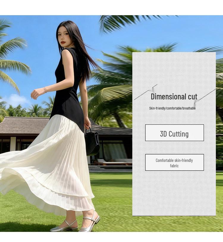Korean Casual Sleeveless Color Block Mesh Maxi Dress - Women's Summer Slimming Style