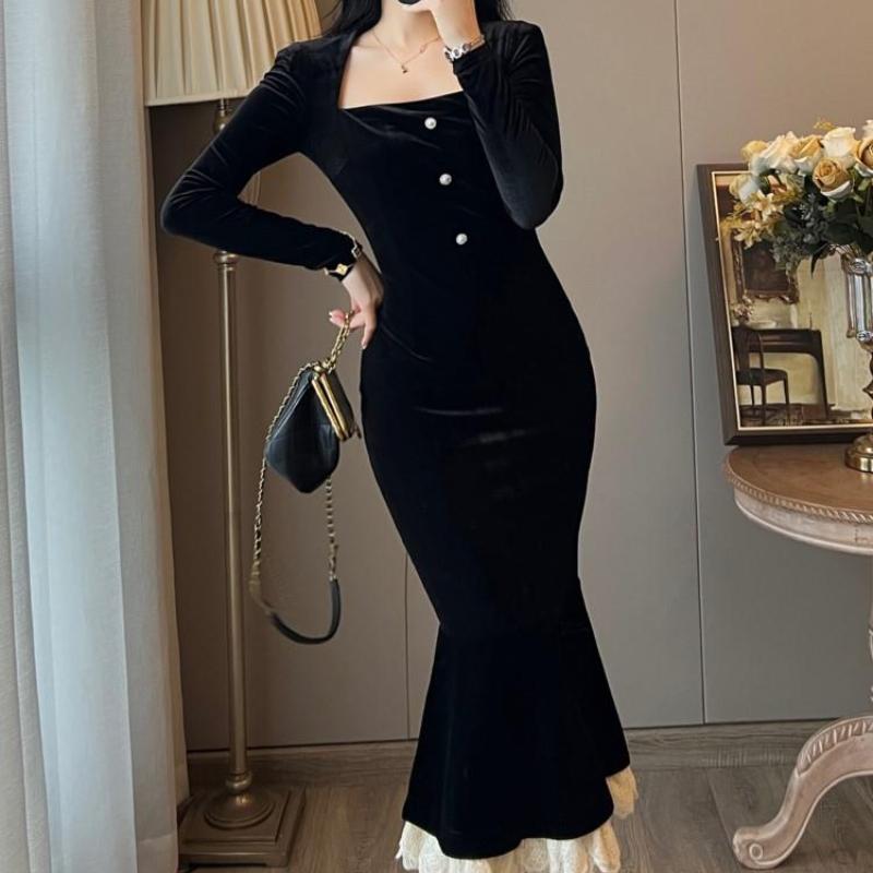 Vintage Bodycon Velvet Mermaid Festklänningar Dam Elegant Spets Patchwork Kvällsbal Vestidos Kvinna Höst Vinterkläder