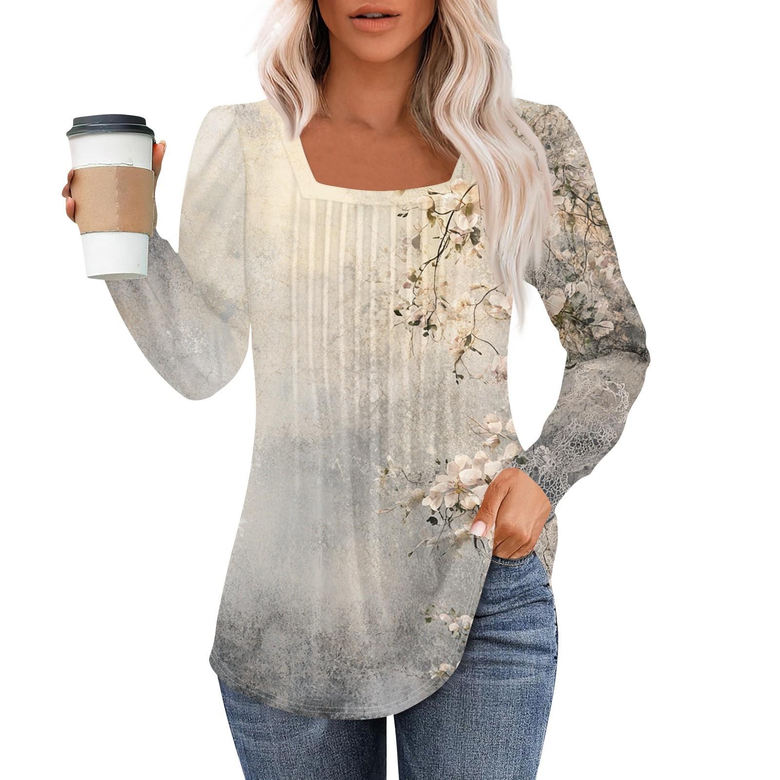 

Рубашки с длинным рукавом для женщин, топы, нарядные повседневные блузки, плиссированные туники с квадратным вырезом XXXL