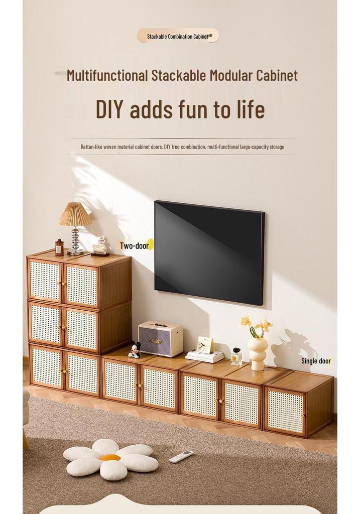 Solid Wood Toy Storage & Rattan Lattice Cabinet