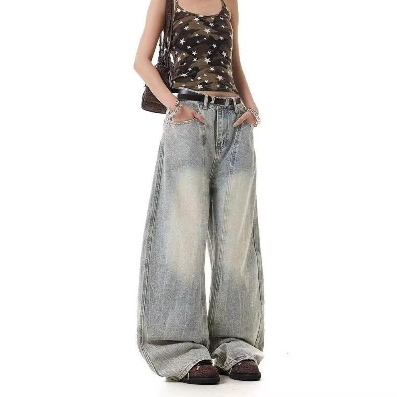 Retro Washed Deconstructed Denim Pants Unisex Wide Leg Relaxed Fit Straight Cut