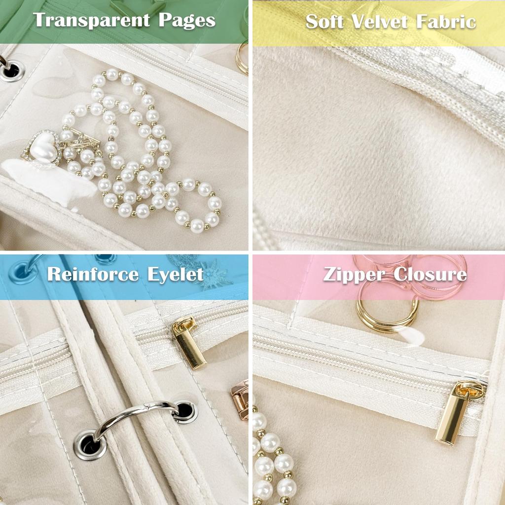 Travel Jewelry Organizer Case,Jewelry Bags Jewelry Storage Book Binder with Clear Zipper Velvet Pouch for Traveling,Earrings