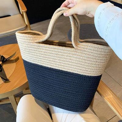 Summer Woven Straw Handbag Women Contrast Color Cotton Rope Beach Bag Travel Large Capacity Tote Shopping Handle Bags