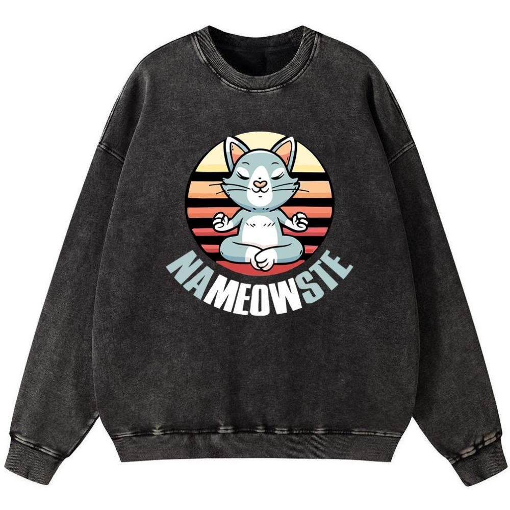 

Cat Meditation Women S Vintage Washed Cotton Thin style Sweatshirt Korean Fit Pullover Simple Oversize Hoodie S