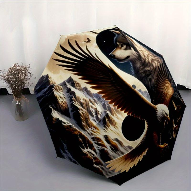 1pc Wolf and Eagle Yin Yang Automatic Opening and Closing Umbrella - Lightweight 3-Fold Design, Suitable for Fans, Travel, Daily Use, Interesting