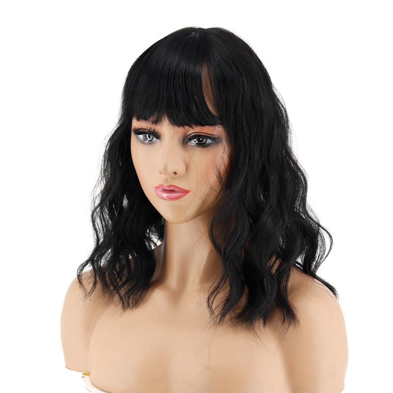 MISS WIG Women Natural Short Water Wave Hair Extensions Wig with Bangs Synthetic Fiber Hairpiece Suitable for Party Daily Use