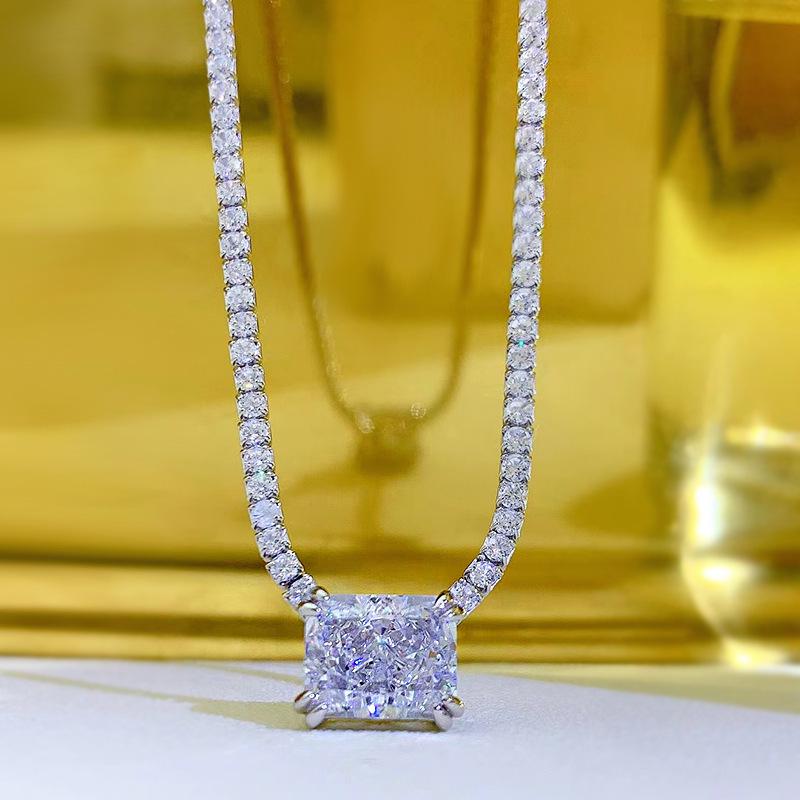 Luoxi Temple S925 Silver Necklace with Pink, White, and Yellow Rectangular High Carbon Diamonds - European and American INS Style