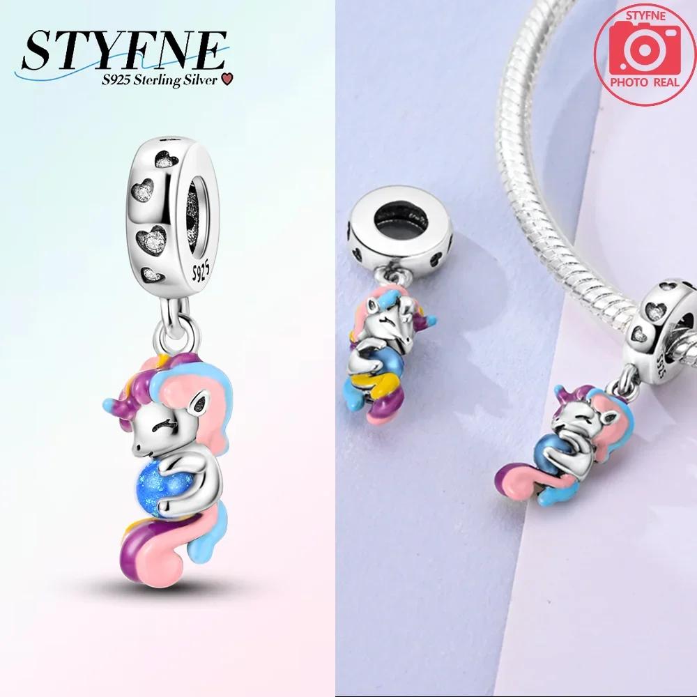 Exquisite Pink Color Charms Beads Copper Cute Girl Wonderland Unicorn Colour Heart Shape Pendant Fit Bangle Bracelet Jewelry