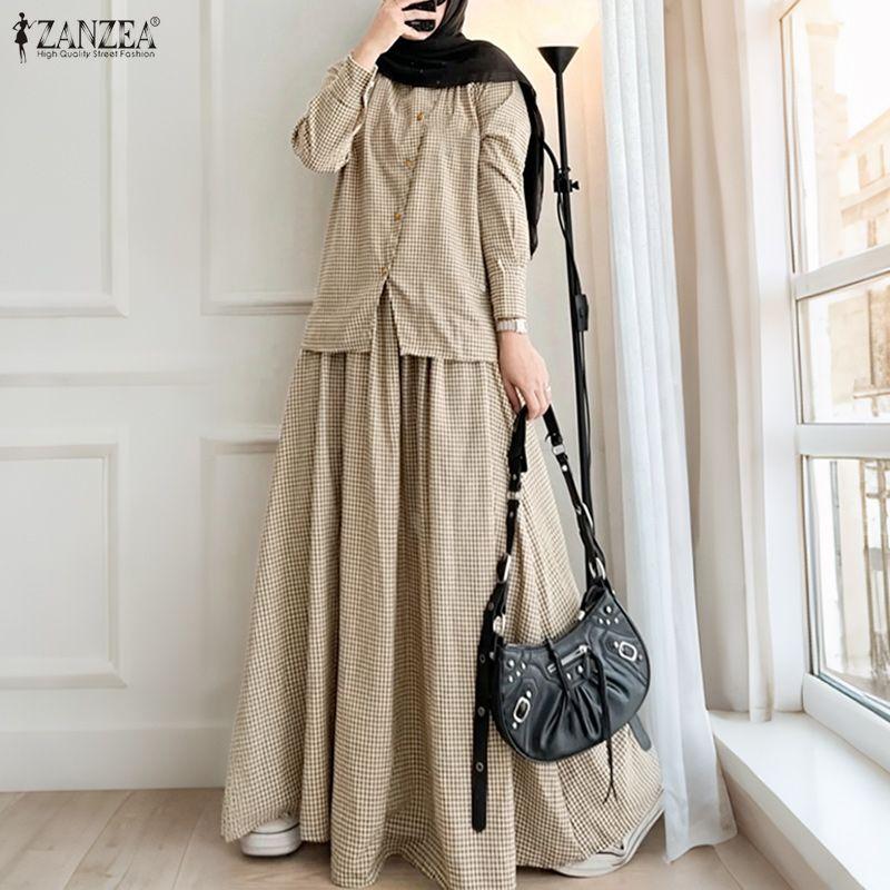 ZANZEA Women Long Sleeve Blouse and Long Skirts Plaid Print Two Piece Suit Sets