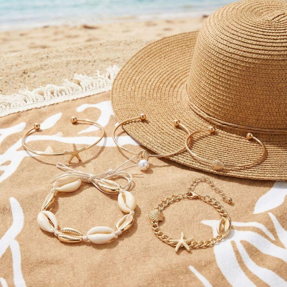 Open Bangle Shell Bracelet Set Gold Color Bohemian Bracelet Set  Women Jewelry