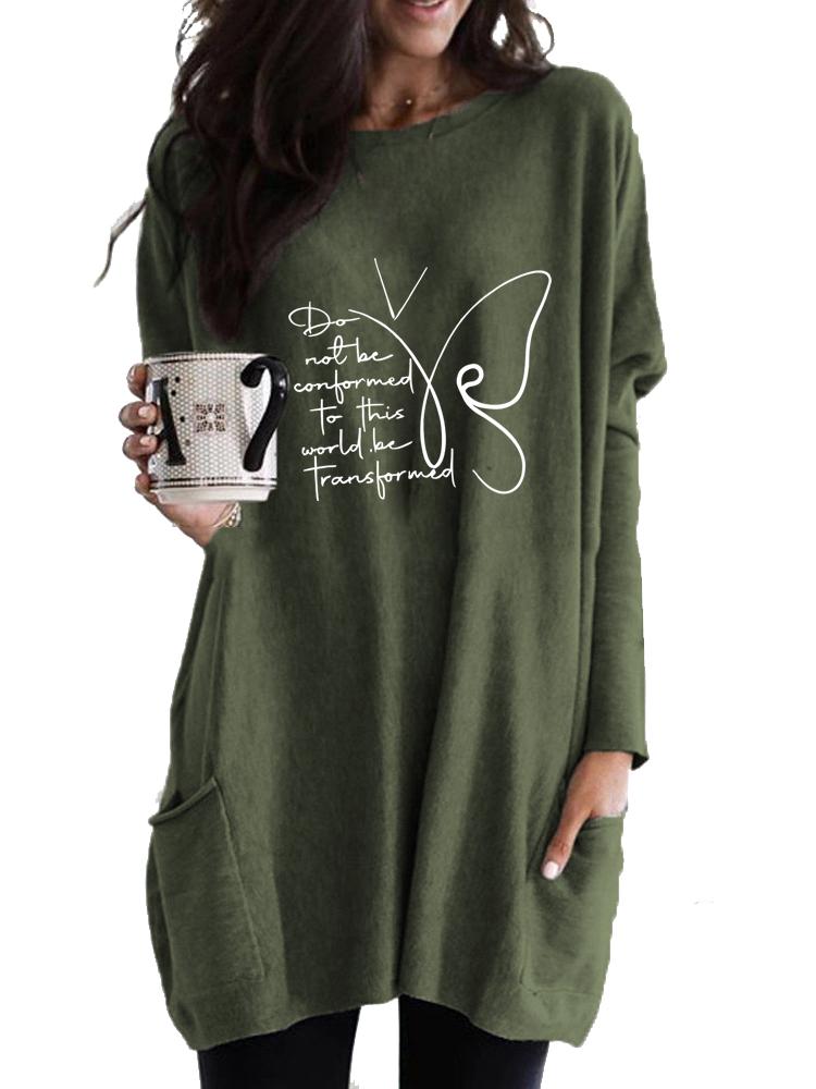 Women's Long Tunic with Pockets Loose Fit Printed Logn Sleeve Top