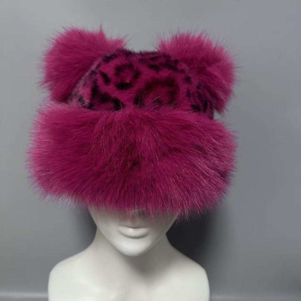 With Ear Lovely Women's Cap Leopard Print Warm Fluffy Faux Fur Bucket Hat Ear Protection Cap