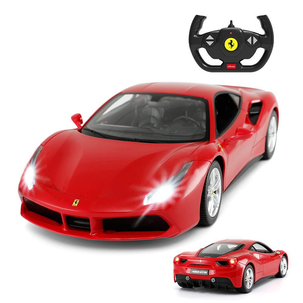 scale Ferrari 488 GTB car with illuminated headlights and red 114 radio-controlled taillights,