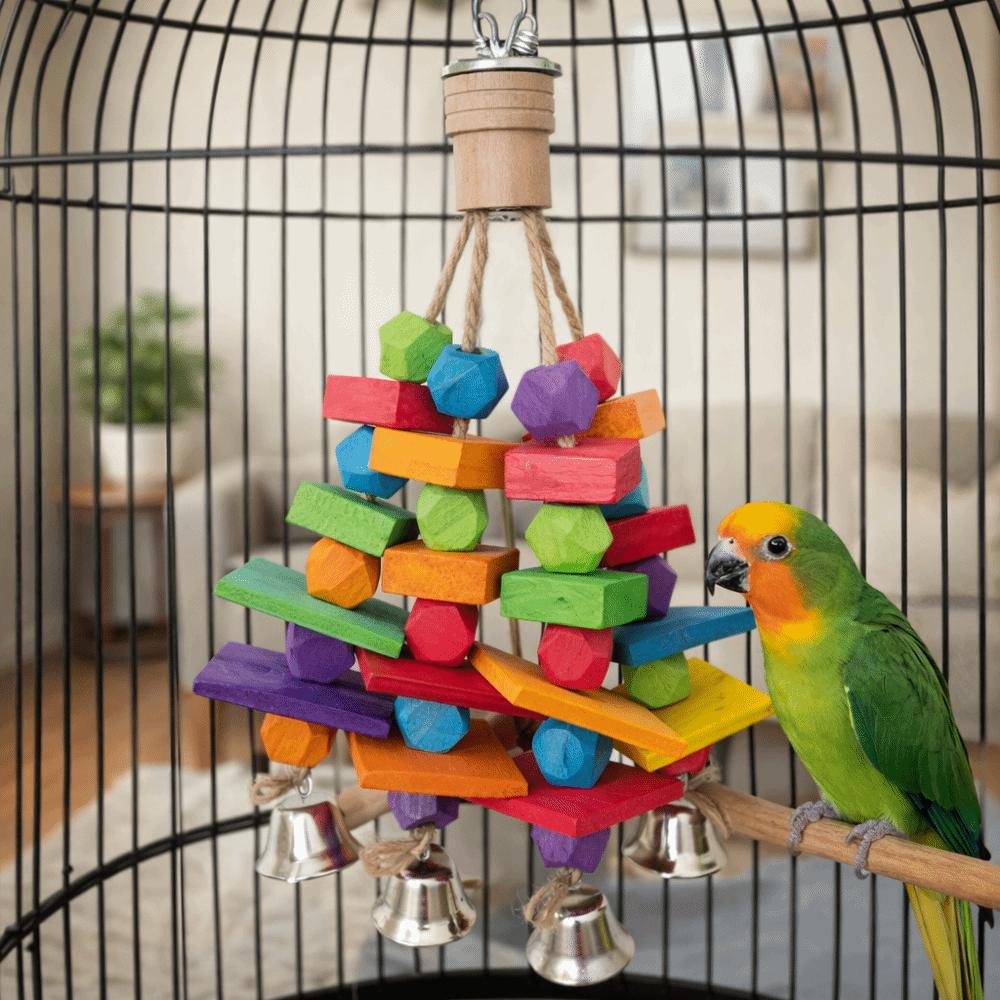 Multi Colored Parrot Chew Toys Bite Resistant Hanging Rainbow Bite String Blocks with Bells Parrot Standing Branches Training