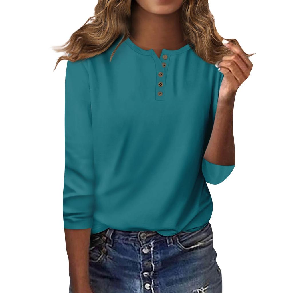 Women's Fashion Casual Round Neck 3/4 Sleeve Loose Color Button T-Shirt Ladies Top