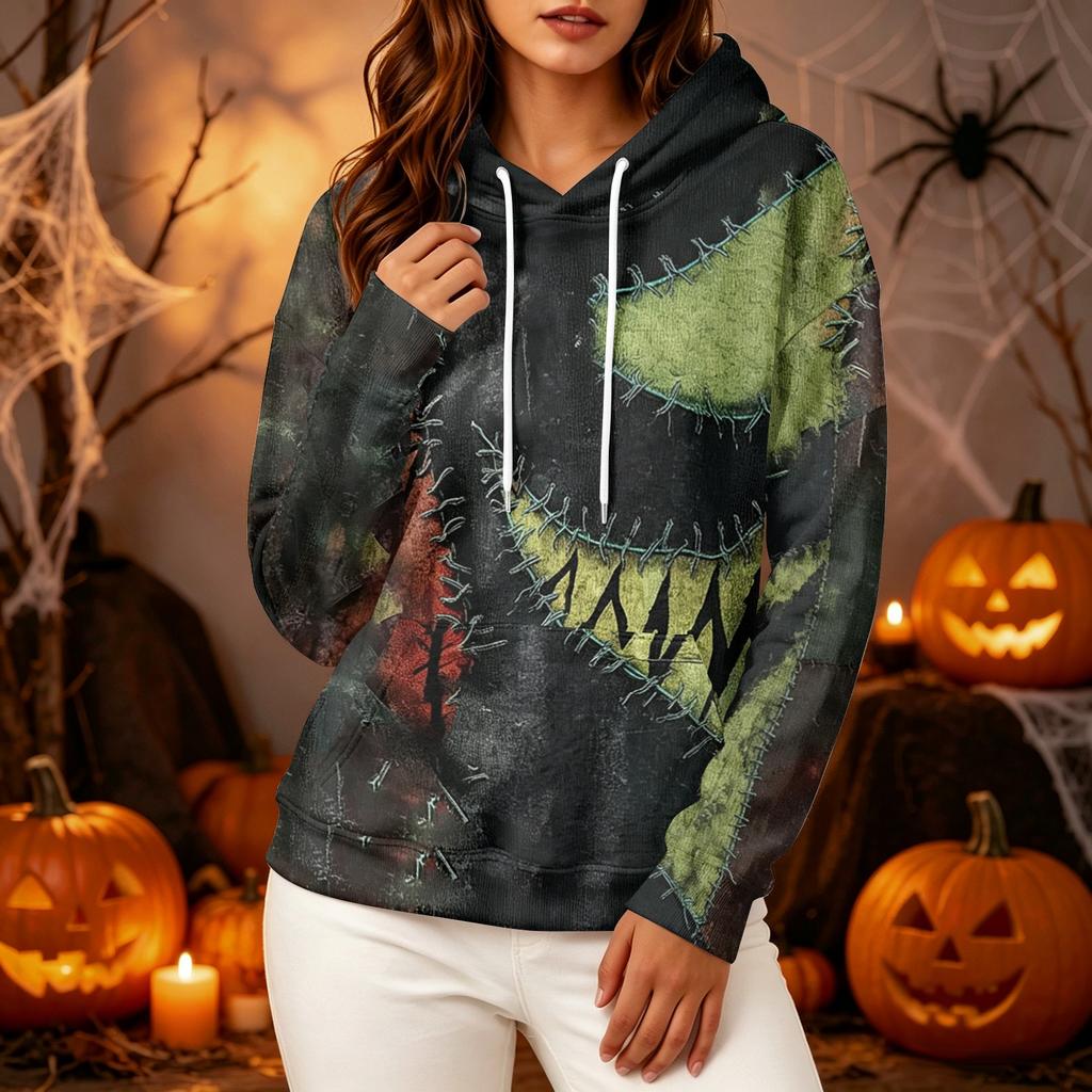 Women's Long Sleeve Pullover Hoodie with Halloween Print for Casual Outings