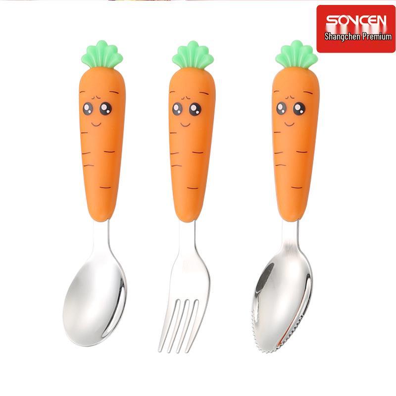 Carrot Cartoon Kids' Stainless Steel Cutlery Set: Spoon & Fork for Baby Food and Fruit Puree