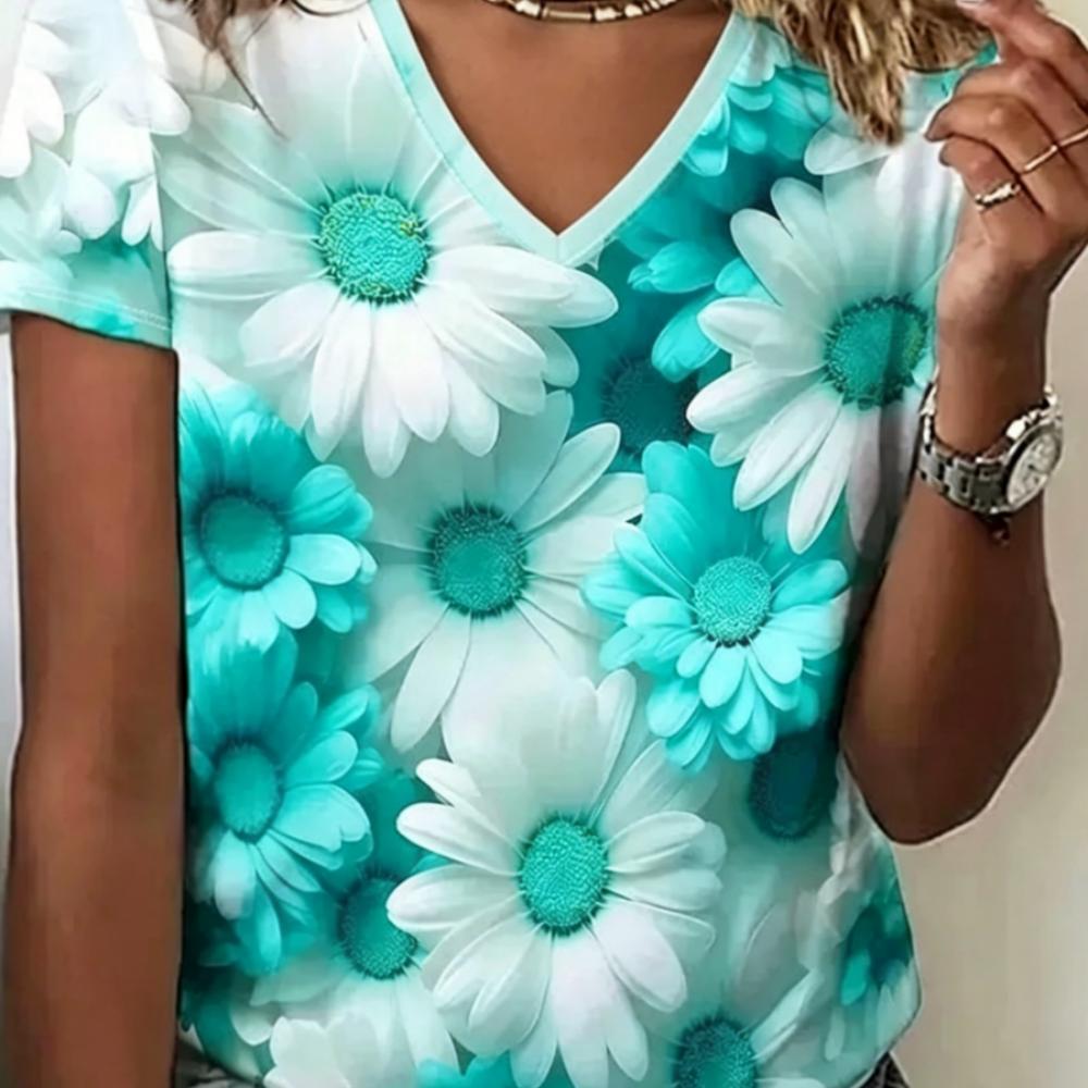 Summer Women's 3D Printed V-Neck T-Shirt Fashion Versatile Breathable Trend Casual