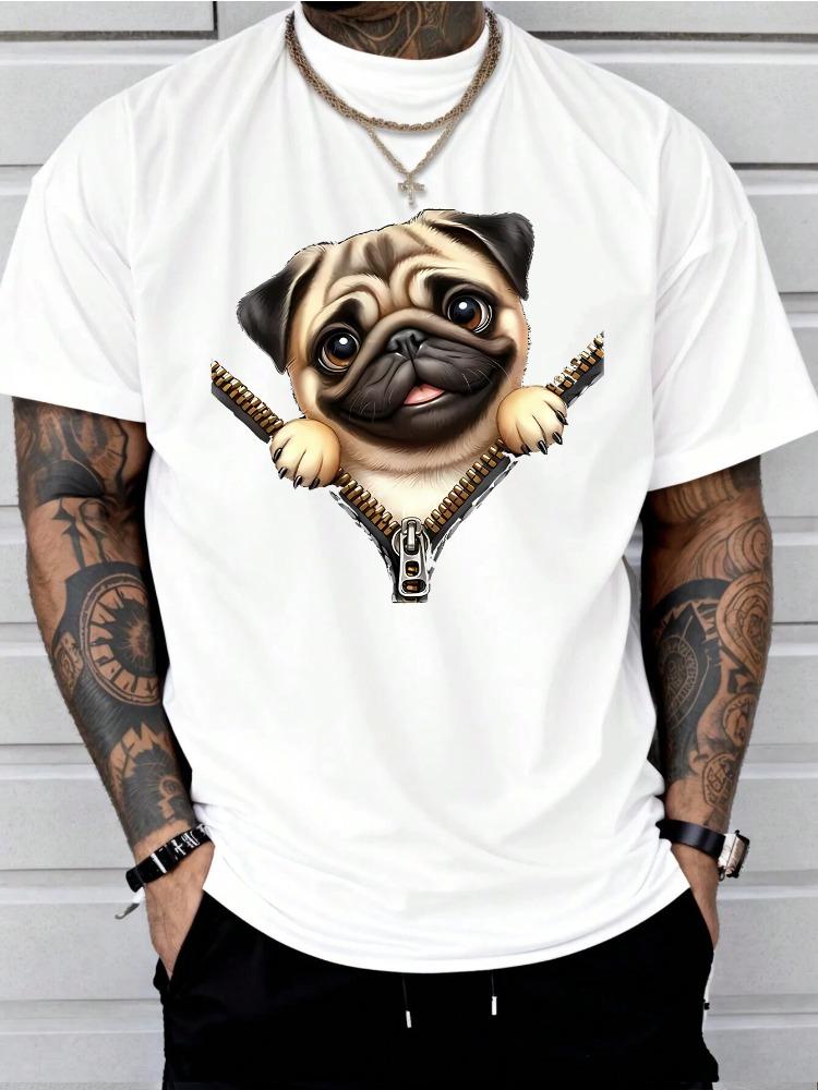 Unisex Black Summer Crew Neck T Shirt Cute Zipper Pug Dog Print Loose Casual Short Sleeve Fashion Streetwear Daily Wear Unisexs Top