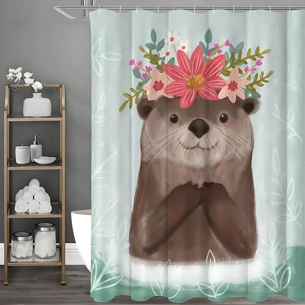 

Cartoon Cute Otter Garland Shower Curtain, Bathroom Decorative Shower Curtain, Waterproof Shower Curtain With Hooks W60H190(CM)-1 Pcs