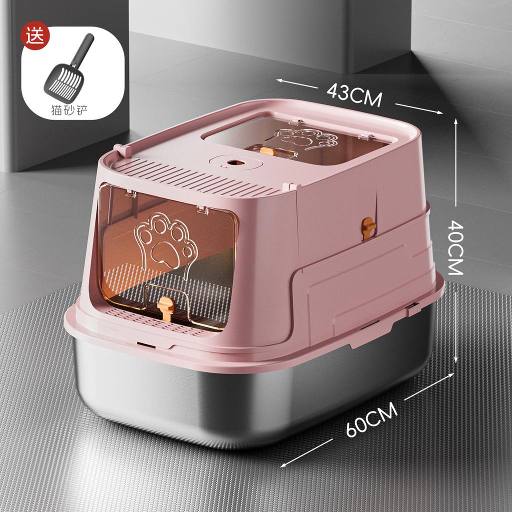 Large Enclosed Cat Litter Box Stainless Steel Anti-Scatter Cat Bedpan Fully Sealed Kitty Toilet High-Sided Pet Bathroom Solution