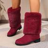 Women's Furry Patchwork Chunky-Heel Round-Toe Western Cowboy High Boots, European Style, Available In Large Sizes.