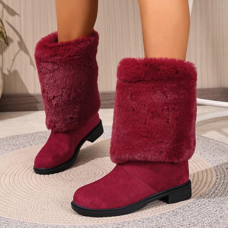 Women's Furry Patchwork Chunky-Heel Round-Toe Western Cowboy High Boots, European Style, Available In Large Sizes.