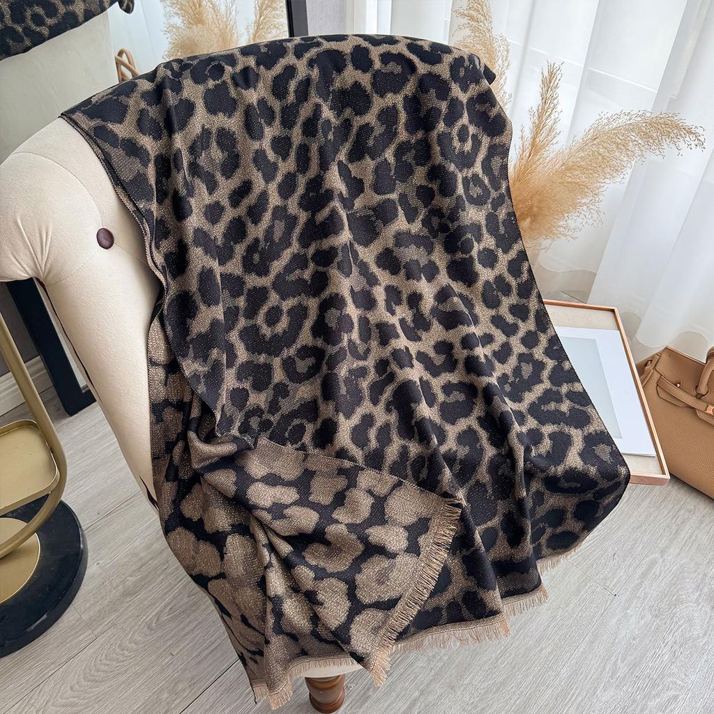 Female European and American Leopard Print Thickened Warm Imitation Cashmere Fringed Cape Double-sided Gold Thread Shawl Autumn and Winter