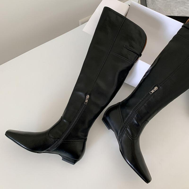 Fashion Square Head Back Slit 3cm Low Heel Long Boots Autumn Winter Spicy Girls Simple Fashionable Knee Length Women's Boots Size 34-42