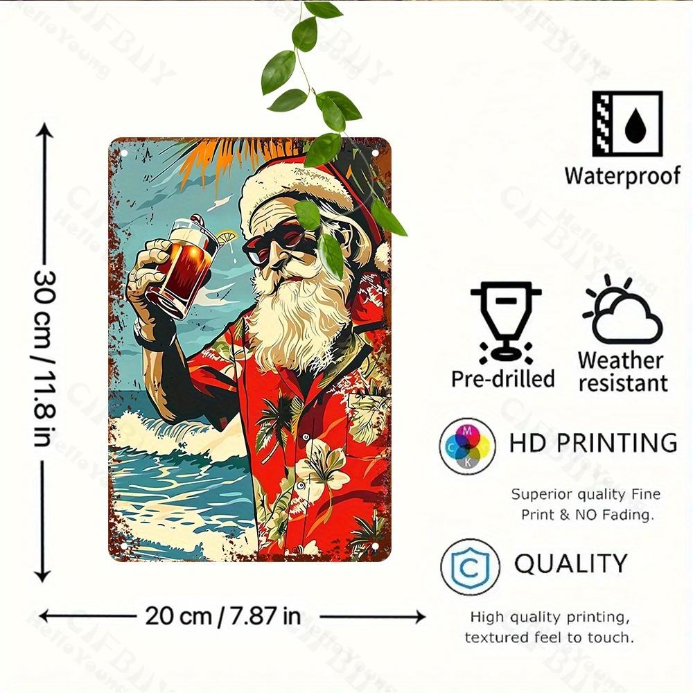 Vintage Metal Santa Wall Art with Hawaiian Shirt Christmas Design for Garden Patio Farmhouse Restaurant Holiday Decor Gift