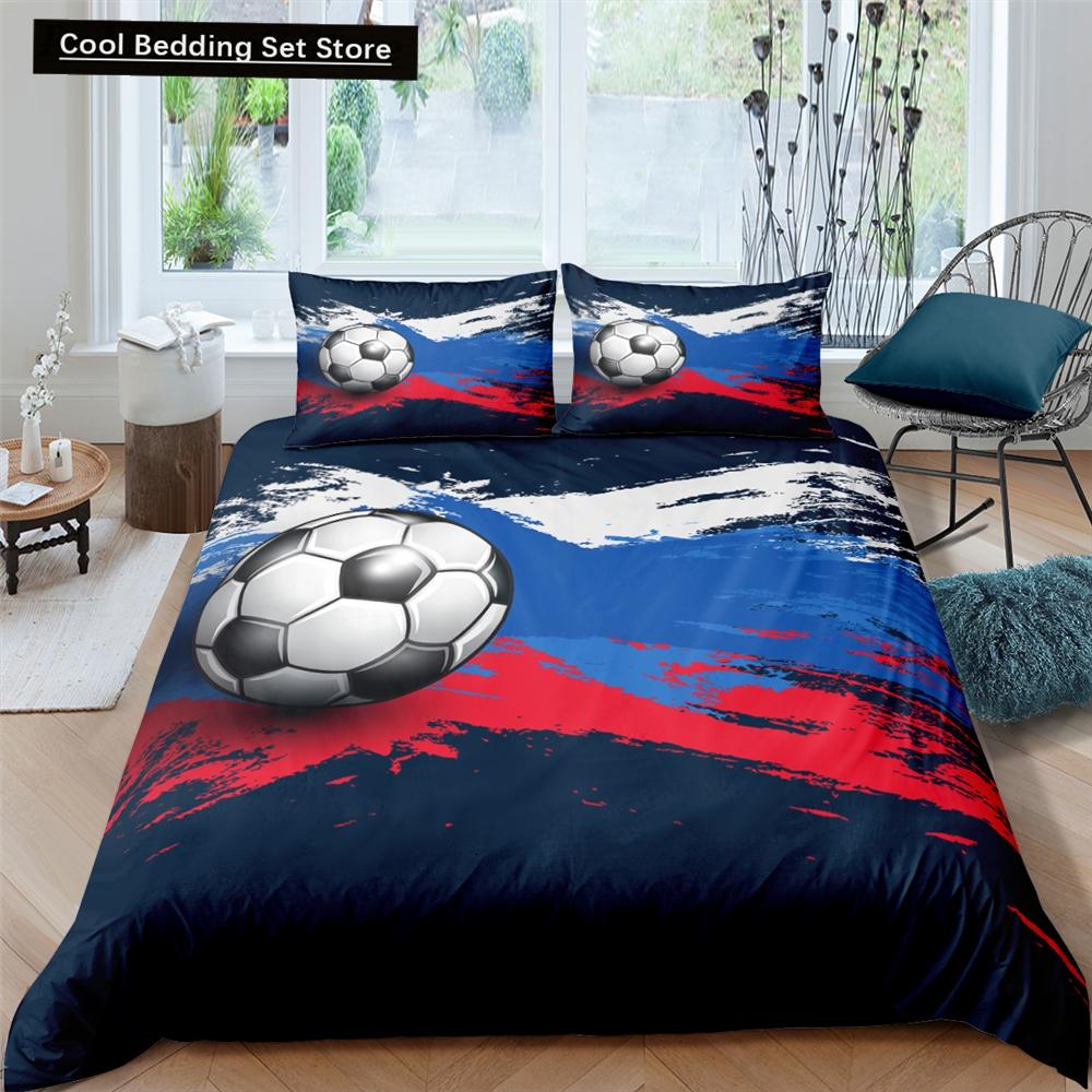 3D Football King Queen Duvet Cover Soccer Bedding Set for Kids Teens Boys Ball Sports White Red 2/3pcs Polyester Quilt Cover