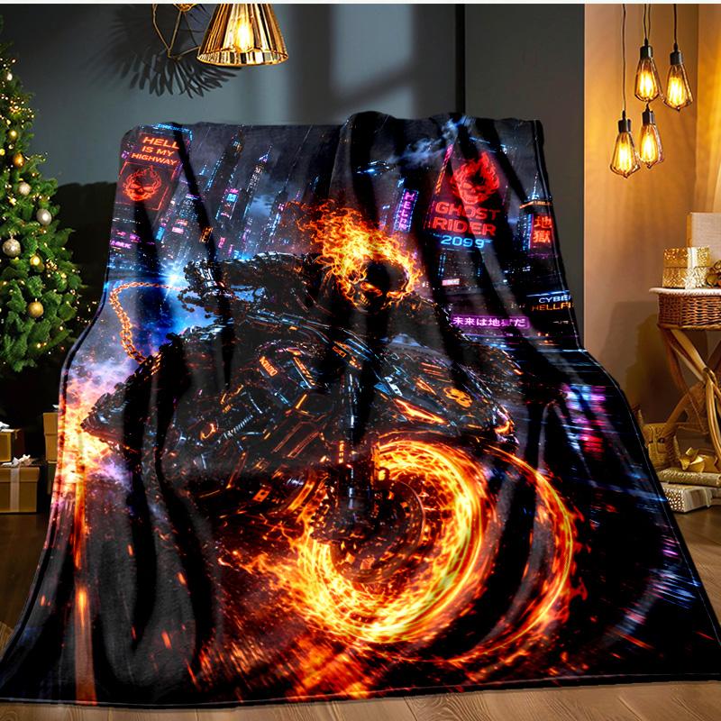 Ghost-Rider On Fire Blanket Flannel Throw for Sofa, Indoor, Camping, Living Room, Office, Chair, And Bed Soft Birthday Gift