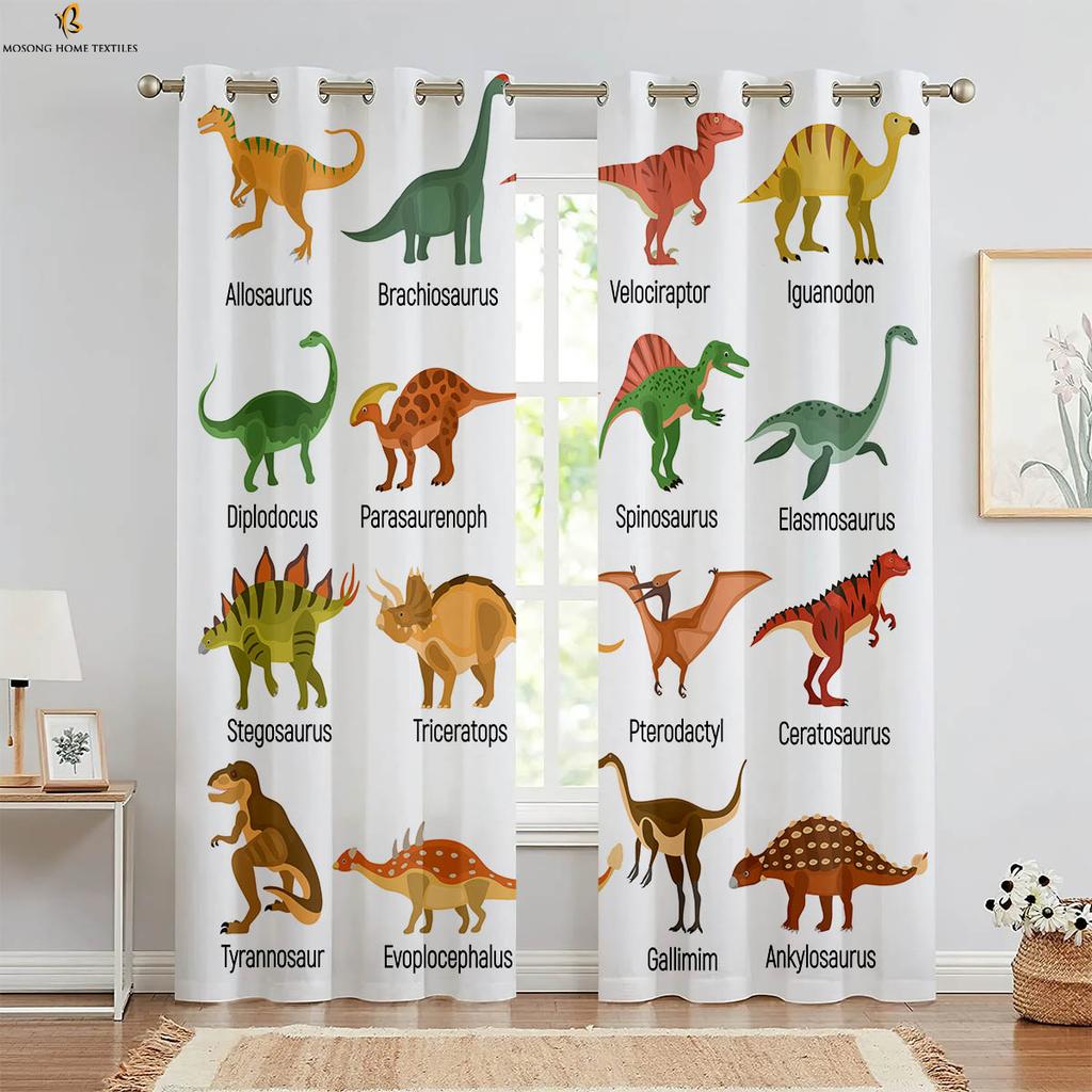 Set Of 2 Black White Dinosaur Cartoon Print Curtains Polyester Bedroom Living Room Kitchen Kids Decorative Curtain For Made