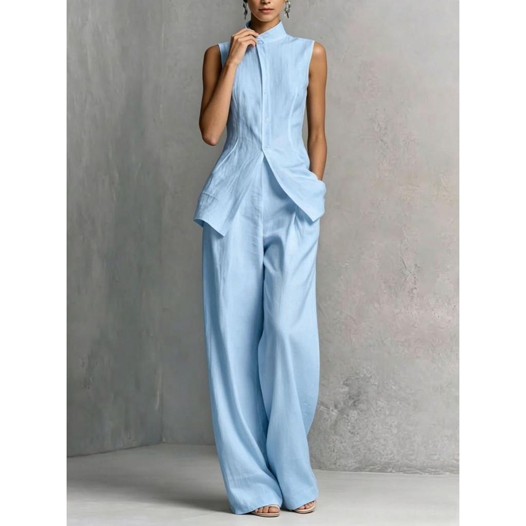 Completo Due Pezzi da Donna a Vestibilità Larga Top Blusa Senza Maniche con Collo Alto Pantaloni a Gamba Larga Vita Alta