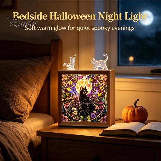 Wooden Photo Frame Base DIY Acrylic Cat Puzzles Night Light, Hand-Assembled Stained Glass Style Jigsaw Lamp with Personalized Handmade Presents Decor,
