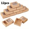 12pcs Square Kraft Paper Gift Box Drawer Box with Window Paper Gift Packaging Box for Party Favor Treat Candy Bakery Storage