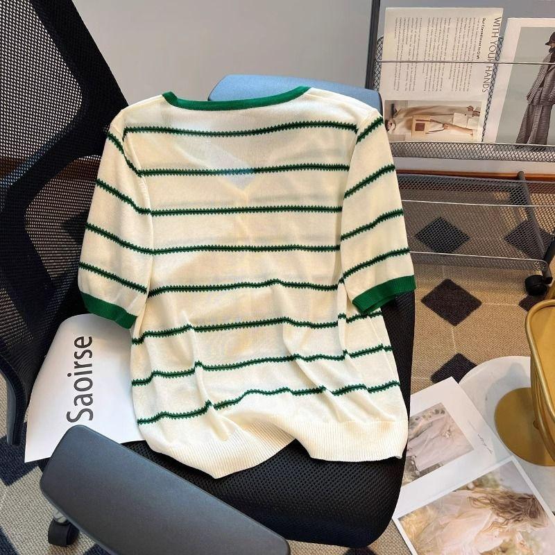 New Striped V-neck T-shirt for Women's Short-sleeved Summer Fashionable Ice Silk Sweater Top