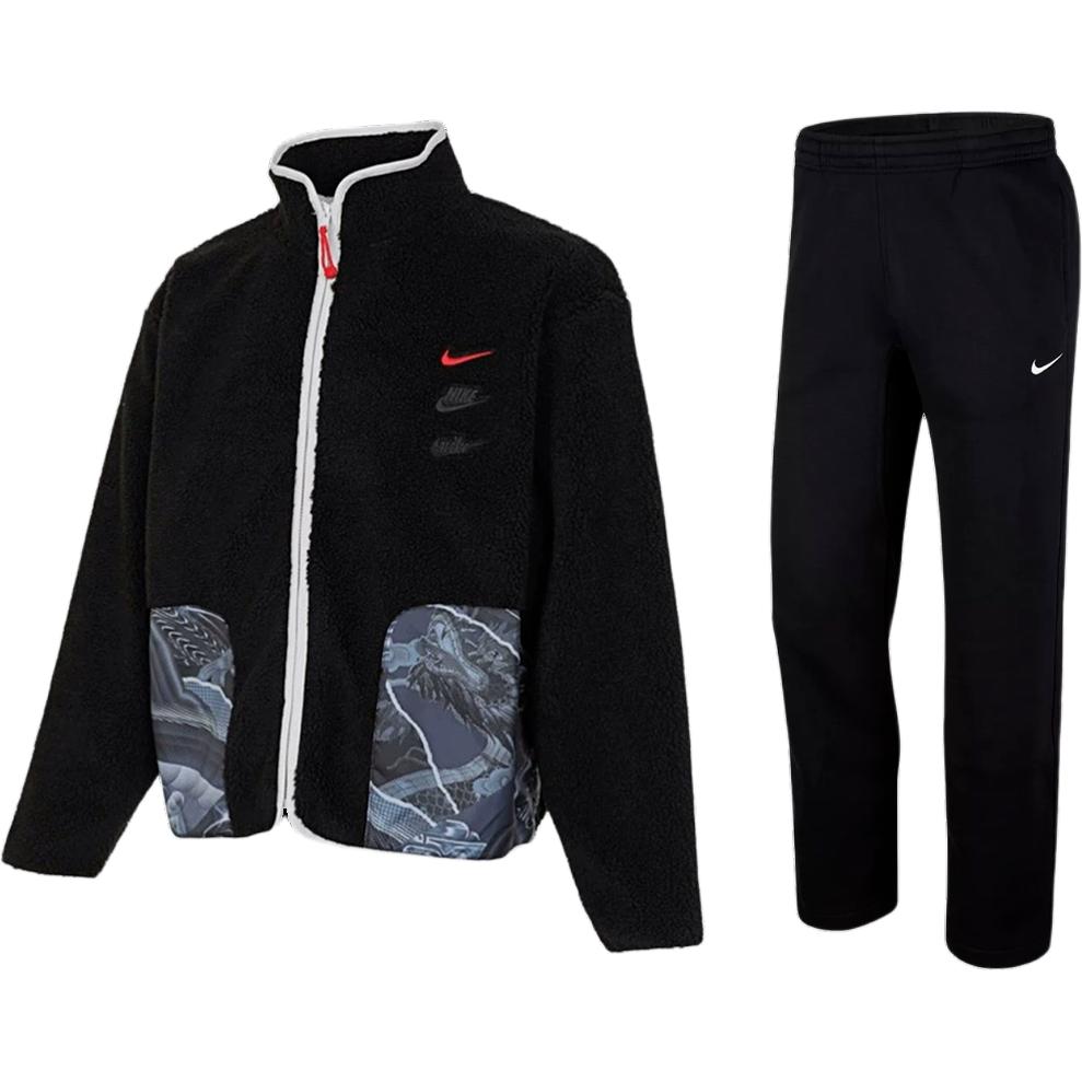 Nike Color Block Pocket Zipper Fleece Jacket Breathable Fleece Versatile Long Pants Casual Sports Suit Men Suit Black FZ6194-010+623455-010