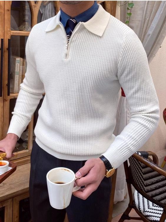 Men's British Style Slim Fit Half-Zip Pullover Sweater - High Neck, Lightly Mature, Gentlemanly Simple Knitwear for Spring and Autumn.