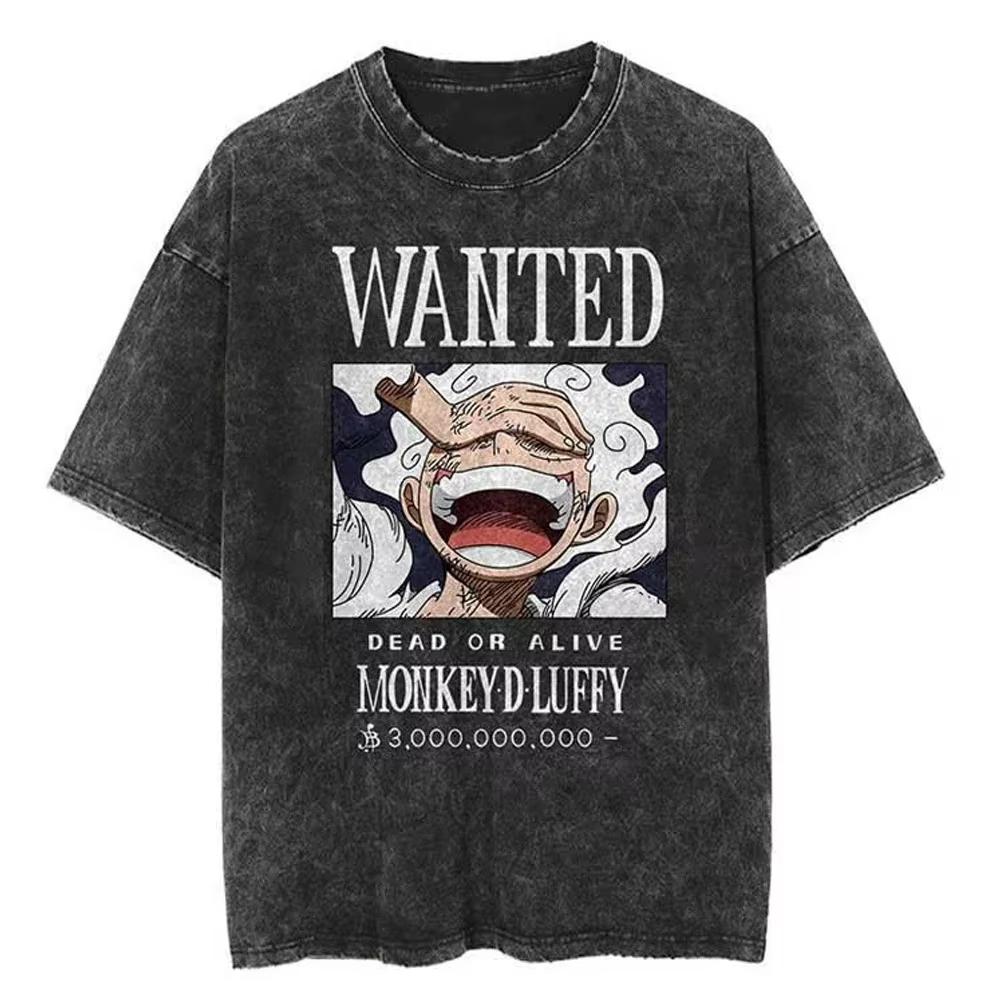 Nika Luffy Gear 5 ONE PIECE Anime Harajuku Retro Washed T-shirt Cotton Men Streetwear Oversized Women Short Sleeves