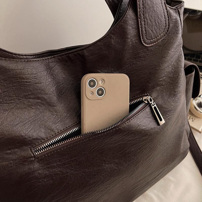 Faux Leather Tote Bag with Dual Zipper Pockets Adjustable Shoulder Strap Women's Everyday Fashion Handbag