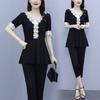 Fashionable and Trendy Large Size Fat Mm Suit for Women, Summer Temperament, Belly-covering Lace Top and Pants Two-piece Set
