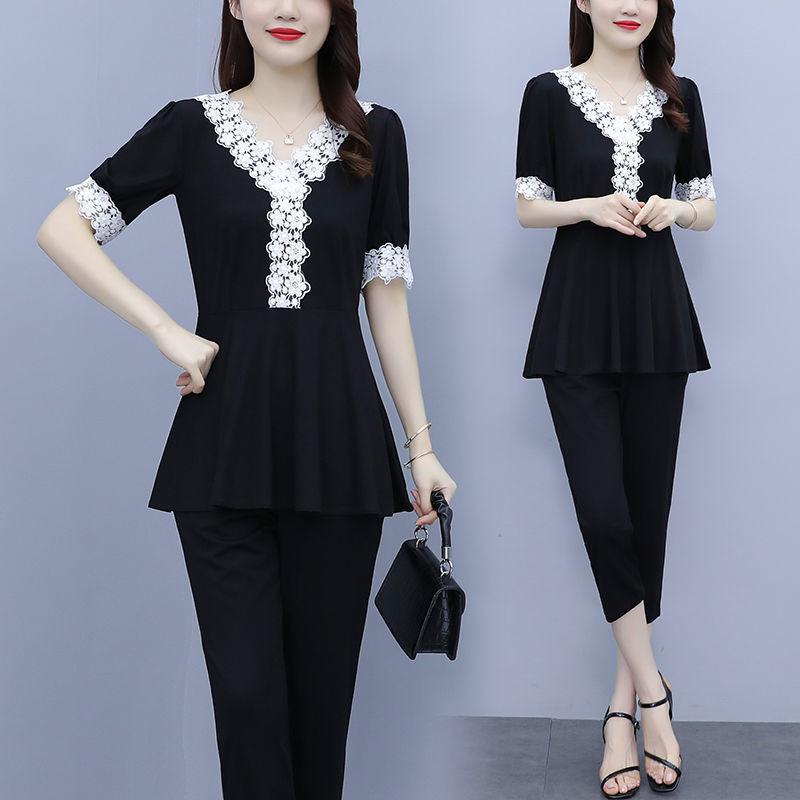 Fashionable and Trendy Large Size Fat Mm Suit for Women, Summer Temperament, Belly-covering Lace Top and Pants Two-piece Set